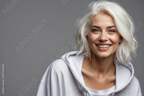 Woman with White Hair in a White Hoodie.