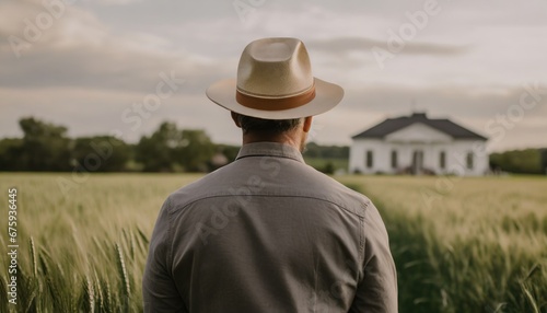 a adult white american farmer man standing on a wheat grass field. wearing a hat. photo taken from behind his back. agricultural land owner. blurry field and a mansion background