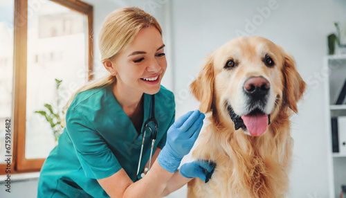 a beautiful female vet nurse doctor examining a cute happy golden retriever dog making medical tests in a veterinary clinic. animal pet health checkup photo