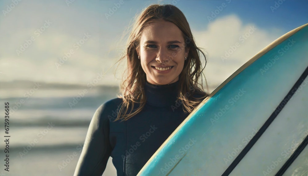 a close-up photo portrait of a beautiful attractive athletic fit american caucasian surfer girl holding a surfboard in her hands. ocean and beach blurry in the background