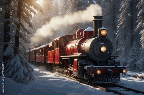 Festive Christmas Train on a Winter Railway in a Snowy Forest
