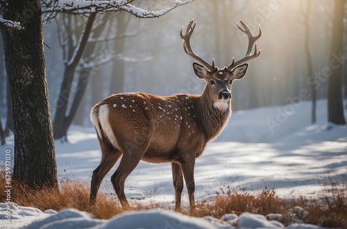 Winter Grace  Beautiful Deer with Antlers in a Sunny Forest