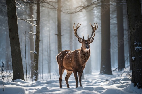 Winter Grace: Beautiful Deer with Antlers in a Sunny Forest © alexx_60