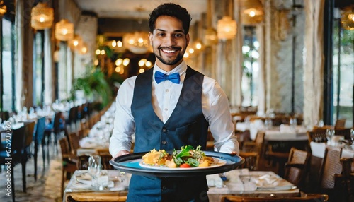 a handsome young smiling server waiter in restaurant with plates with food on a tray in a expensive luxury restaurant bringing food to a table in his hands photo
