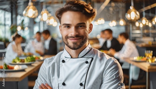 closeup photo portrait of a handsome young chef cook with white uniform standing. guests eating in the restaurant. blurry food restaurant kitchen in the background