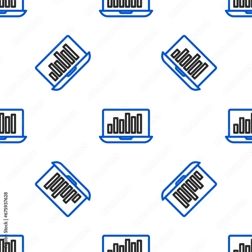 Line Laptop with graph chart icon isolated seamless pattern on white background. Report text file icon. Accounting sign. Audit, analysis, planning. Colorful outline concept. Vector Line Laptop with graph chart icon isolated seamless pattern on white background. Report text file icon. Accounting sign. Audit, analysis, planning. Colorful outline concept. Vector