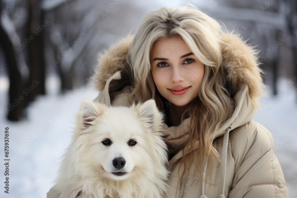 woman with white dog in winter park woman with white dog in winter park