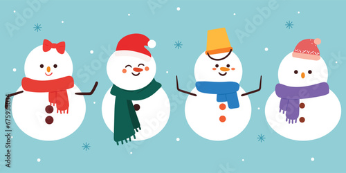 hand drawing cartoon snowman sticker set. cute drawing winter element for sticker, icon photo
