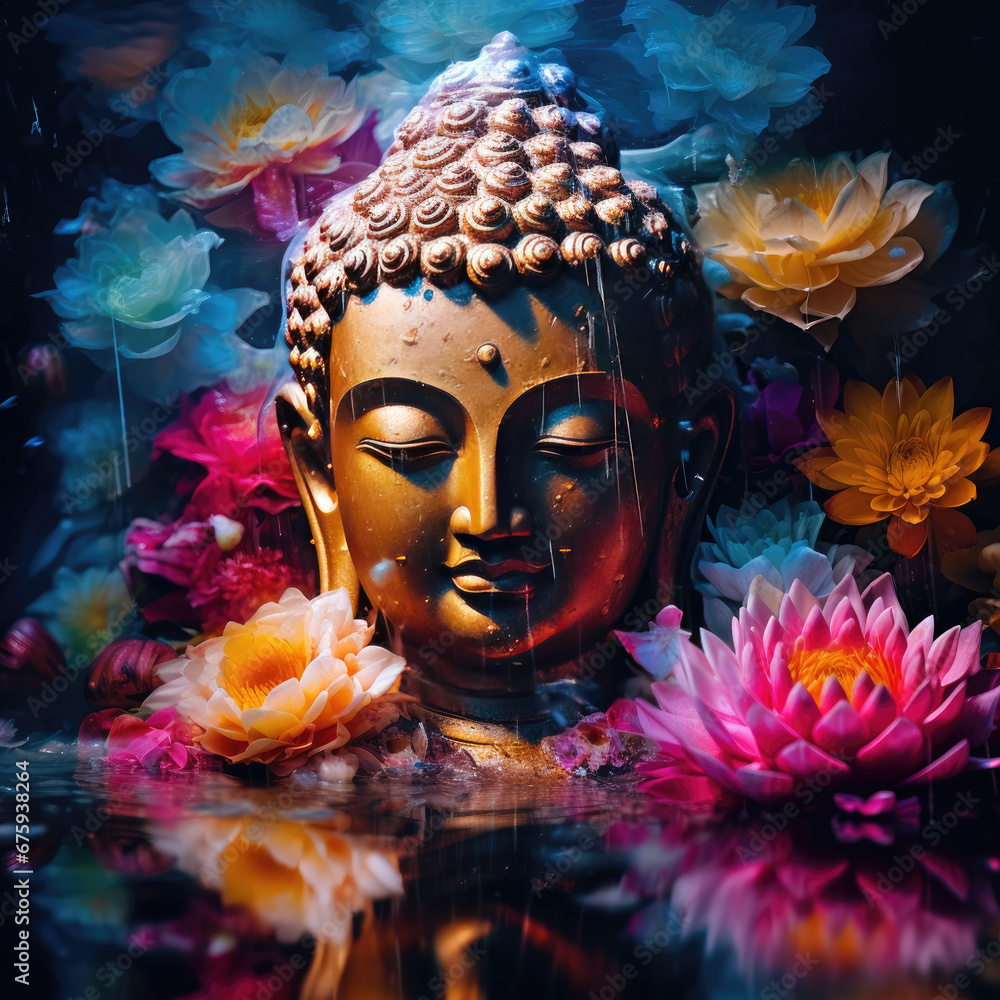 golden buddha with multicolor flowers and lotuses