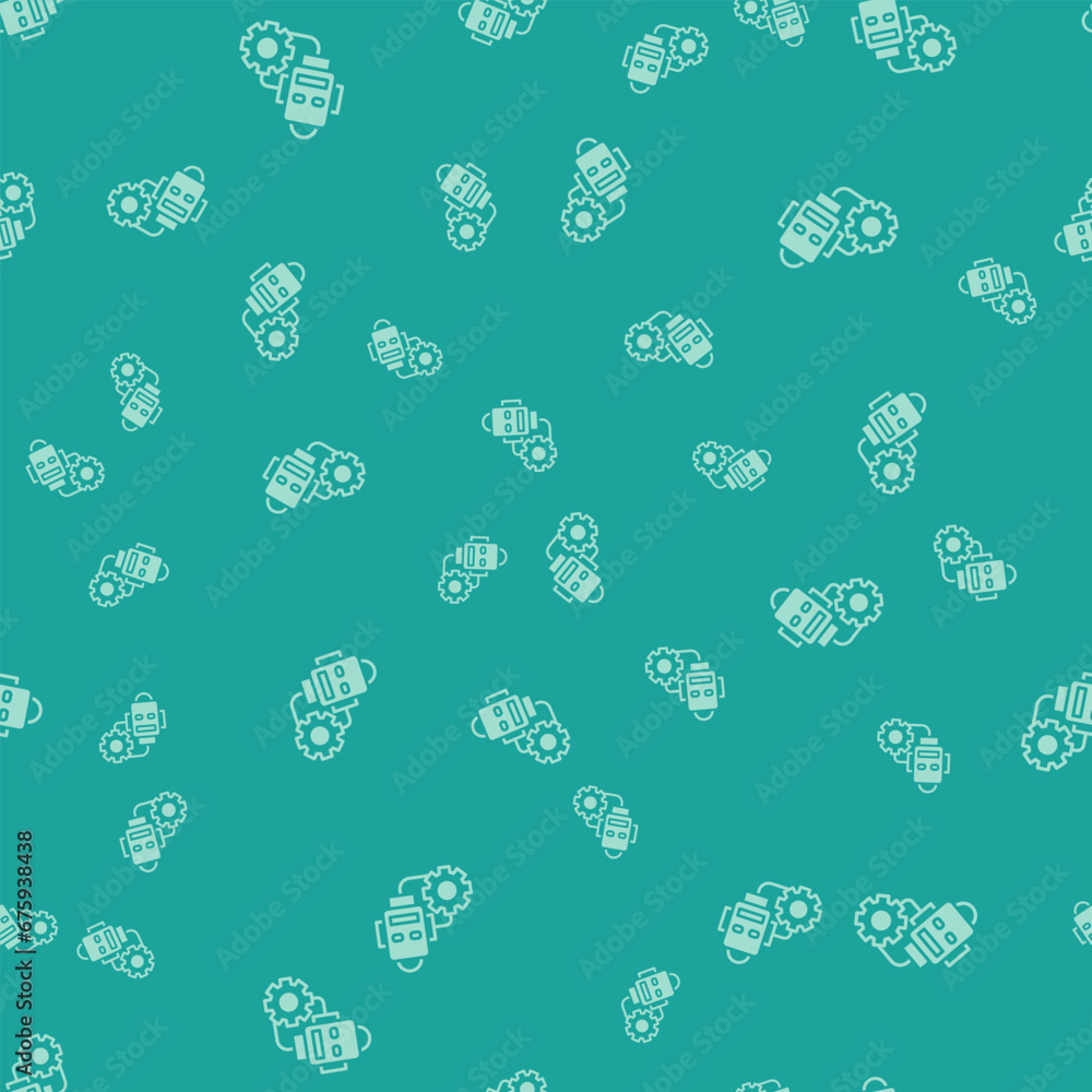 Green Robot setting icon isolated seamless pattern on green background. Artificial intelligence, machine learning, cloud computing. Vector Green Robot setting icon isolated seamless pattern on green background. Artificial intelligence, machine learning, cloud computing. Vector