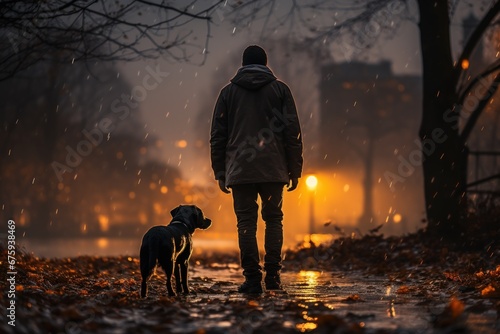 man walking with dog in winter park