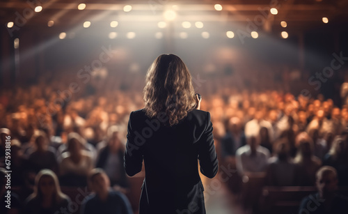 Rear view of motivational woman speaker standing on stage in front of audience for motivation speech on business event