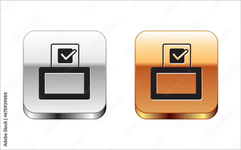 Black Vote box or ballot box with envelope icon isolated on white background. Silver and gold square buttons. Vector Black Vote box or ballot box with envelope icon isolated on white background. Silver and gold square buttons. Vector
