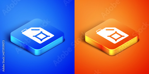 Isometric Canister for motor machine oil icon isolated on blue and orange background. Oil gallon. Oil change service and repair. Engine oil sign. Square button. Vector