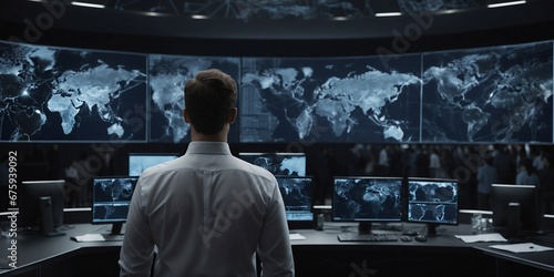 Politician Man in a Room with Screens Observing World Maps and Global Events