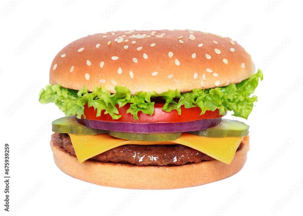 Big hamburger with beef cutlet and onion on transparent background Big hamburger with beef cutlet and onion on transparent background