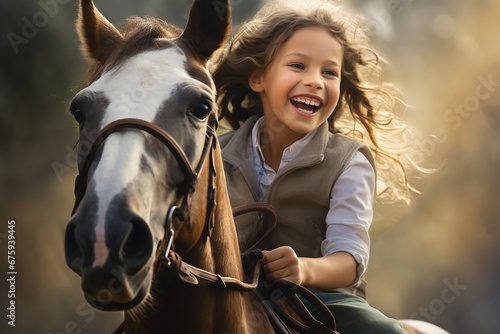 The portrait of a joyous young girl is riding on a dignified white race horse at a horse farm and her hair blown by wind. Generative AI. © Surachetsh