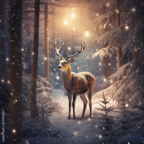 Beautiful Christmas scene with a deer in a winter snowy forest. 