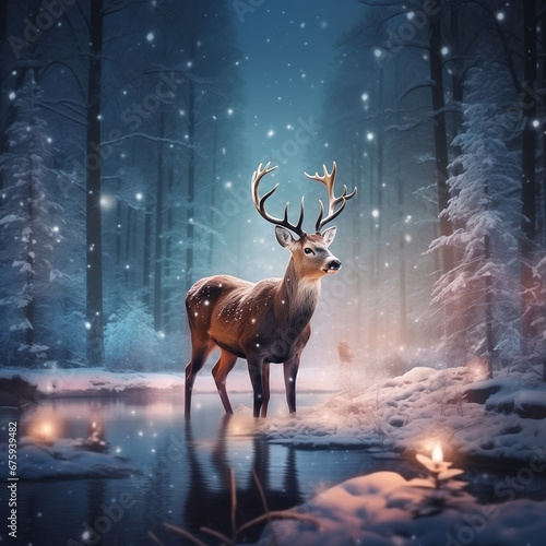 Beautiful Christmas scene with a deer in a winter snowy forest.  © kdcreativeaivisions