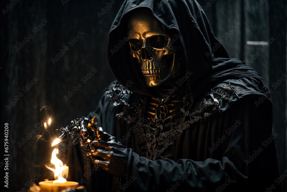 Person in a death costume with a black hooded cloak. Person in a death costume with a black hooded cloak.