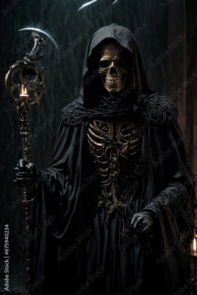 Person in a death costume with a black hooded cloak.