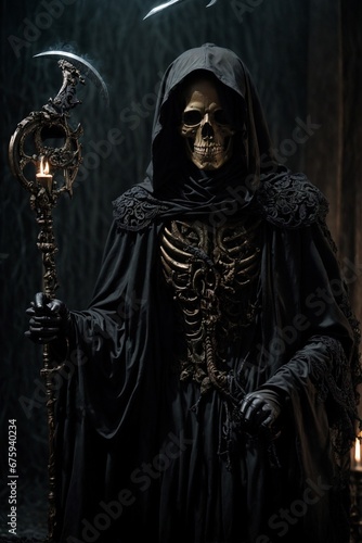 Person in a death costume with a black hooded cloak.