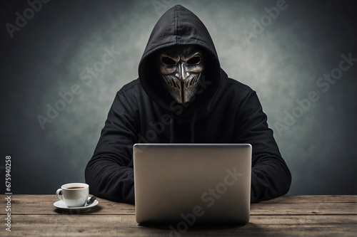 Evil hacker with laptop hacks internet resources