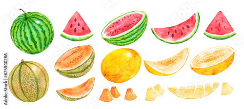 Watercolor set of watermelons and melons photo