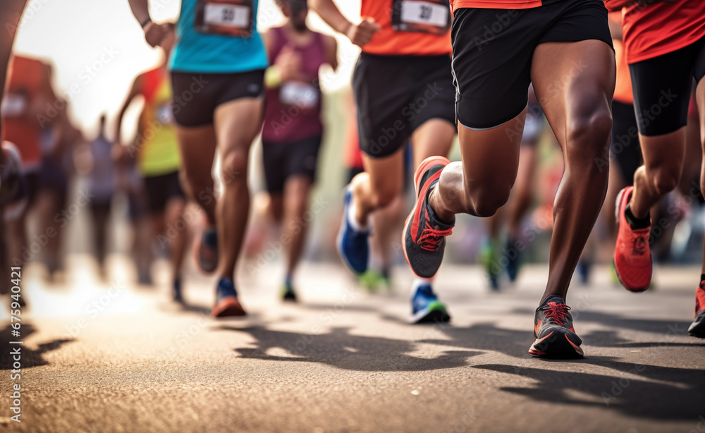 Close up of a Group of Men Runners Legs in a Road Race Close up of a Group of Men Runners Legs in a Road Race