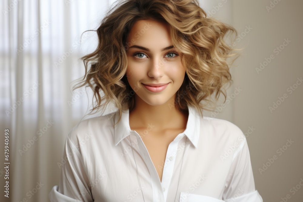 portrait of a young cheerful smiling girl in white with dark curly hair portrait of a young cheerful smiling girl in white with dark curly hair
