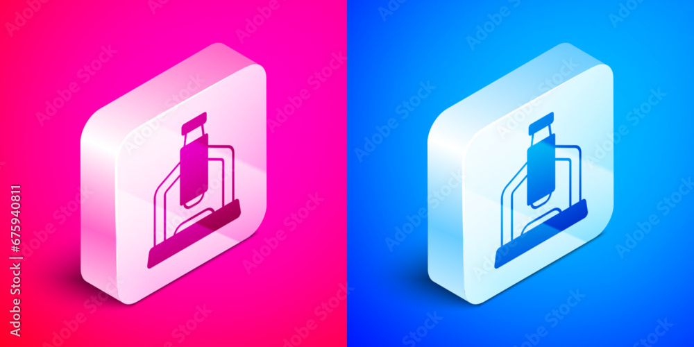 Isometric Microscope icon isolated on pink and blue background. Chemistry, pharmaceutical instrument, microbiology magnifying tool. Silver square button. Vector Isometric Microscope icon isolated on pink and blue background. Chemistry, pharmaceutical instrument, microbiology magnifying tool. Silver square button. Vector