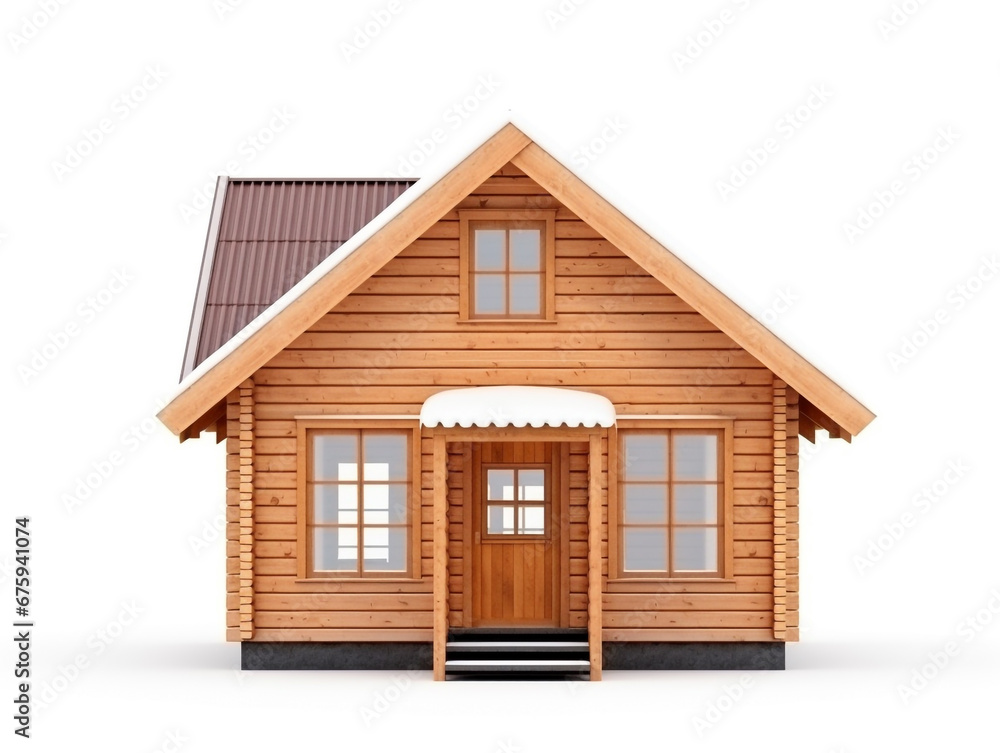 3D renders of a small cabin house, isolated on a white background. Made of wood and roof from metal deck. 3D renders of a small cabin house, isolated on a white background. Made of wood and roof from metal deck.