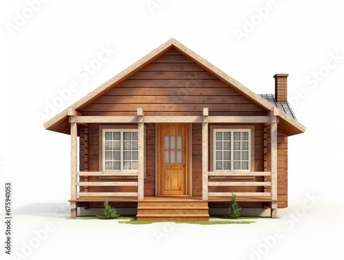 3D renders of a small cabin house, isolated on a white background. Made of wood and roof from metal deck. © Aisyaqilumar