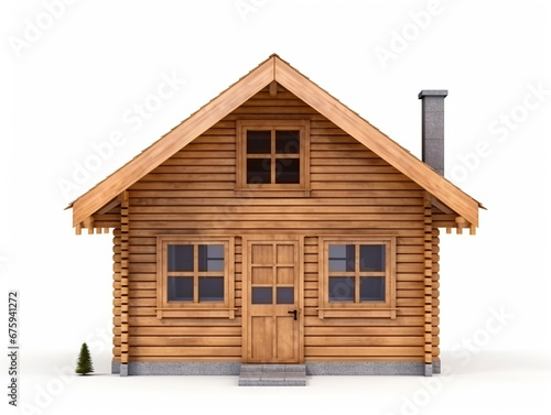 3D renders of a small cabin house, isolated on a white background. Made of wood and roof from metal deck. © Aisyaqilumar
