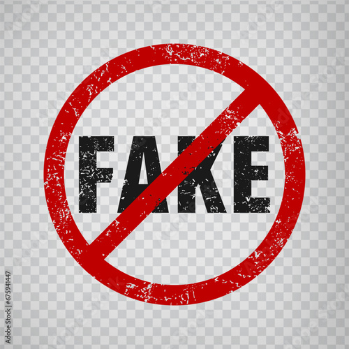 Fake stamp design on transparent background.  Grunge rubber seal with word Fake in red. Stop fake news on tv and social media. Stop fake and disinformation. EPS 10