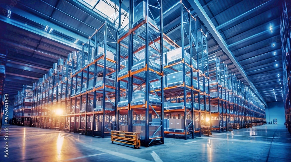 Large warehouse with rows of shelves and racks in a freight transportation warehouse