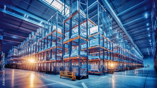 Large warehouse with rows of shelves and racks in a freight transportation warehouse photo