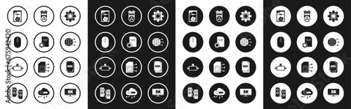 Set Processor, File document, Computer mouse, 3D printer, Global technology social network, Video graphic card, SSD and Virtual reality glasses icon. Vector