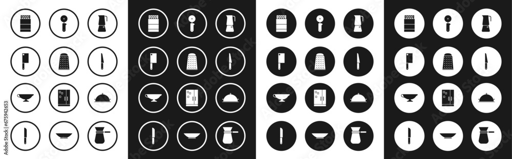 Set Moka pot, Grater, Meat chopper, Open matchbox and matches, Knife, Pizza knife, Covered with tray of food and Sauce boat icon. Vector Set Moka pot, Grater, Meat chopper, Open matchbox and matches, Knife, Pizza knife, Covered with tray of food and Sauce boat icon. Vector