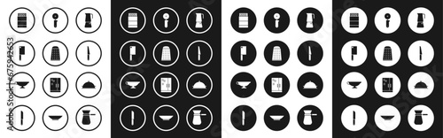 Set Moka pot, Grater, Meat chopper, Open matchbox and matches, Knife, Pizza knife, Covered with tray of food and Sauce boat icon. Vector
