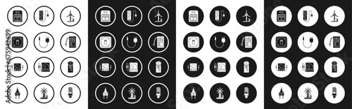 Set Wind turbine, Charger, Electric light switch, Battery pack, extension cord, and Ampere meter, multimeter, voltmeter icon. Vector