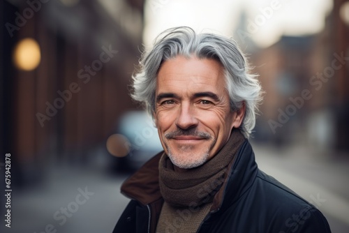 Portrait of a handsome senior man with grey hair wearing a scarf and coat in the city. © Nerea