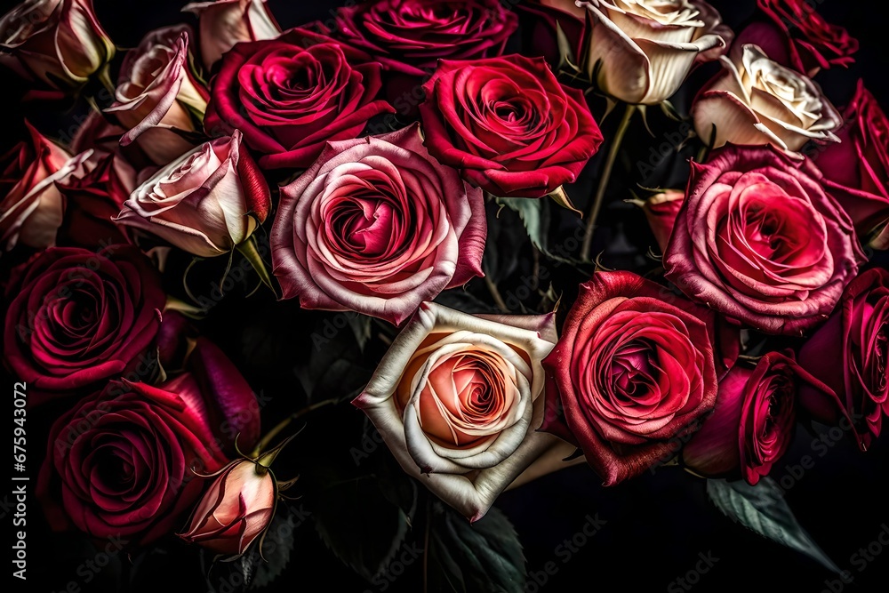 A stunning bouquet of long-stemmed roses in various shades of red, pink