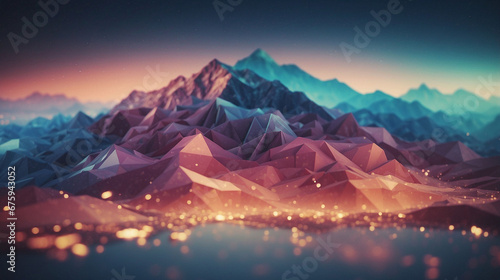 Abstract fantasy landscape. Polygonal multi-colored glowing mountains. Starry sky, dusk, dawn.