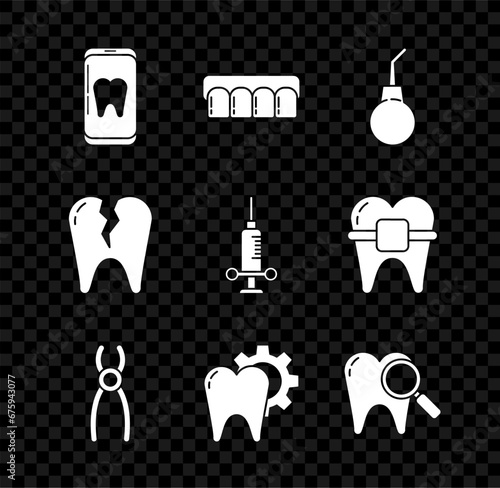 Set Online dental care, Dentures model, Enema pear, Dental pliers, Tooth treatment procedure, search, Broken tooth and medical syringe icon. Vector
