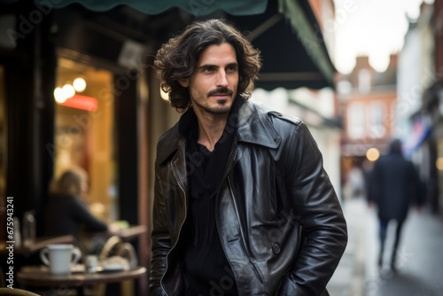 Handsome man with curly hair, wearing a black leather jacket, standing in a street cafe, looking at the camera.