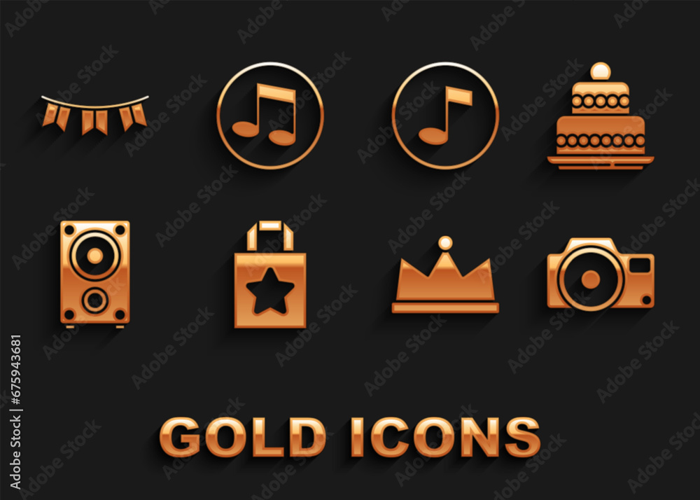 Set Paper shopping bag, Cake, Photo camera, Crown, Stereo speaker, Music note, tone, Carnival garland with flags and icon. Vector Set Paper shopping bag, Cake, Photo camera, Crown, Stereo speaker, Music note, tone, Carnival garland with flags and icon. Vector