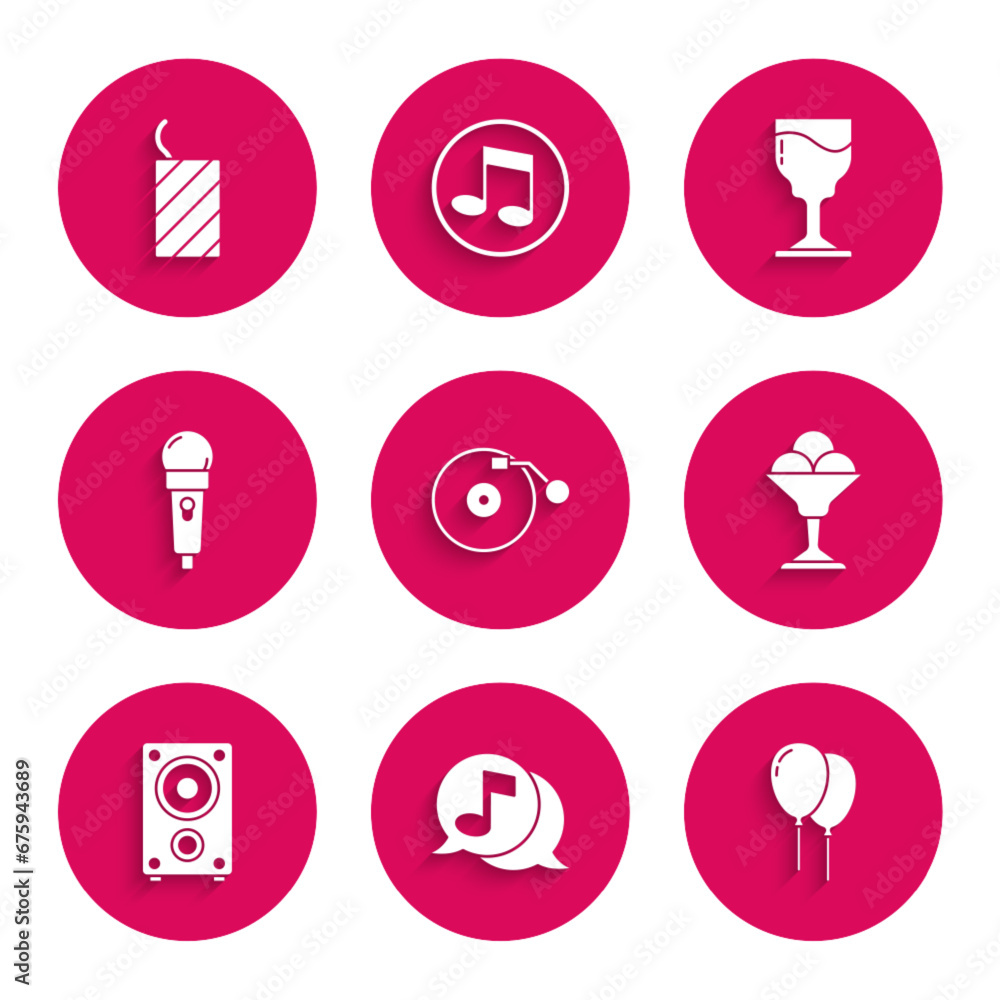 Set Vinyl player with disk, Musical note speech bubble, Balloons ribbon, Ice cream bowl, Stereo speaker, Microphone, Wine glass and Firework rocket icon. Vector Set Vinyl player with disk, Musical note speech bubble, Balloons ribbon, Ice cream bowl, Stereo speaker, Microphone, Wine glass and Firework rocket icon. Vector