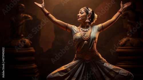 realistic photo capturing the grace and elegance of a Bharatanatyam dancer in a traditional costume, performing intricate mudras and expressions