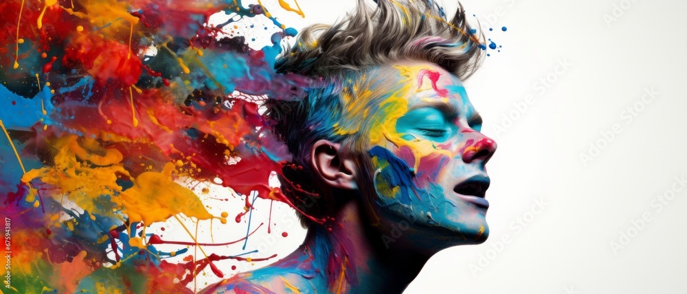 Man with Colourful Paint Splashes on Face.
Side profile of a man with vibrant paint splashes against a white background.